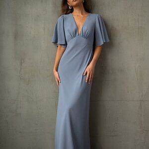 Jenny Yoo Alexia Pebbled Crepe Floor length dress with Sleeves and open back.